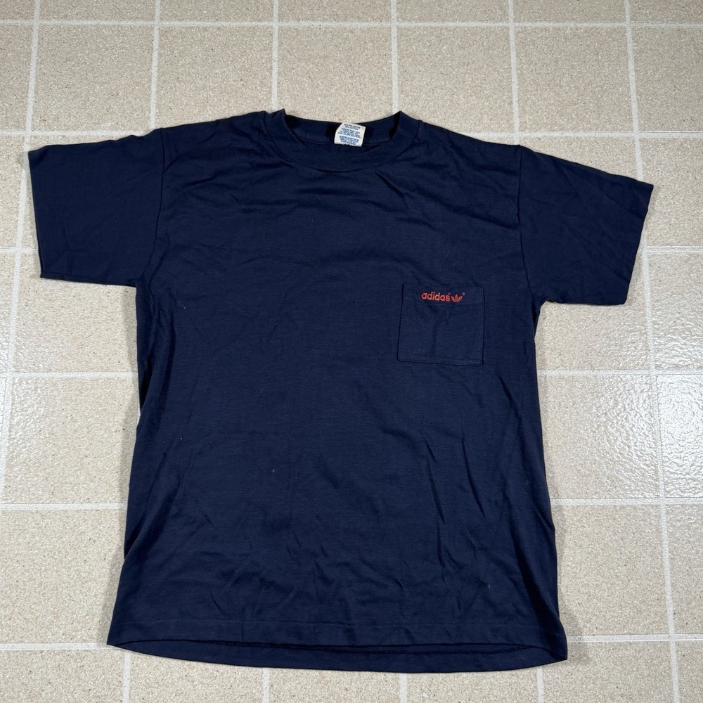 Vtg 80s Adidas Trefoil Pocket T Shirt Sz M Blue Red Made In USA Single Stitch